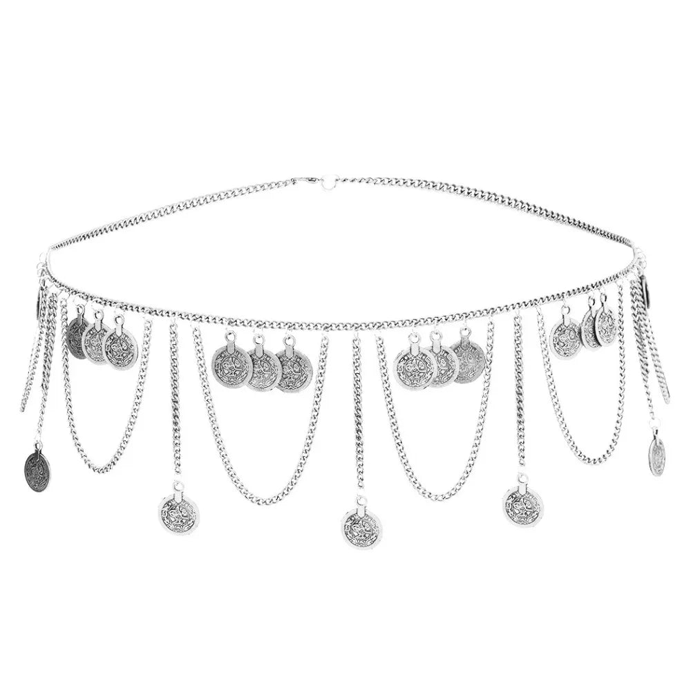 Vintage Coin Pendant Metal Body Chain Jewelry Bohemian Style Tassel Waist Chain Ethnic Style Belt Belly Dance Body Chain Summer