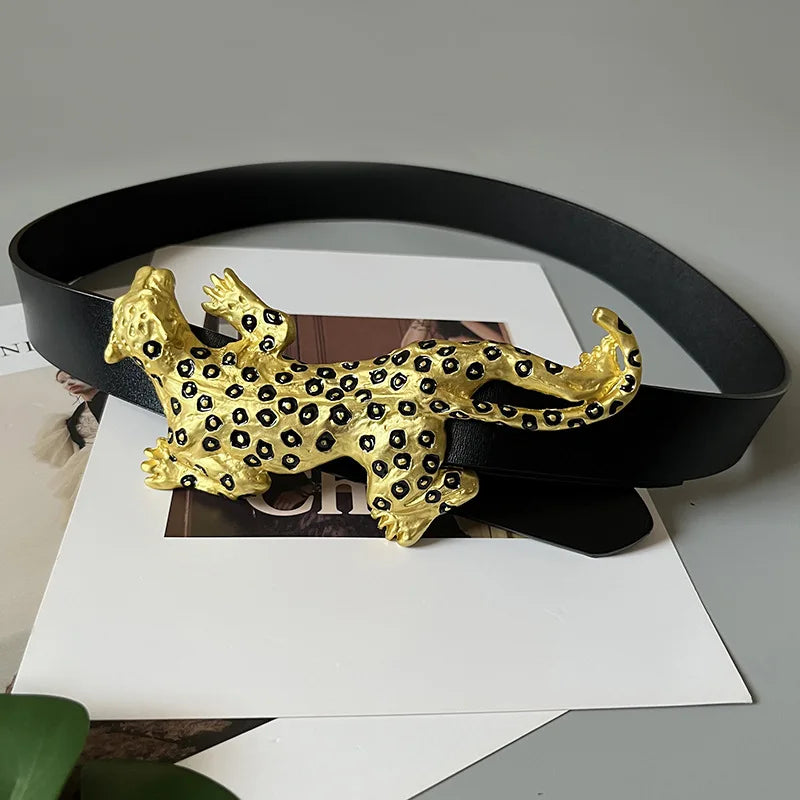 Women's Runway Fashion Genuine Leather Spoted Leopard Cummerbunds Female Dress Corsets Waistband Belts Decoration Belt