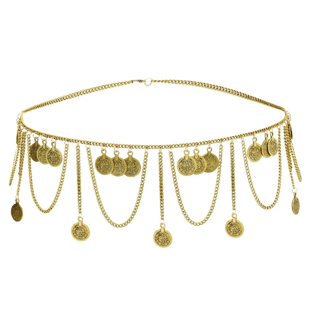 Vintage Coin Pendant Metal Body Chain Jewelry Bohemian Style Tassel Waist Chain Ethnic Style Belt Belly Dance Body Chain Summer
