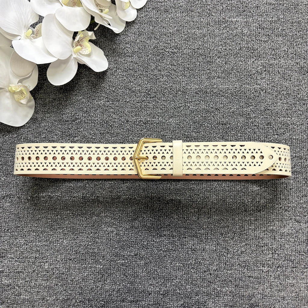 Bohemian style hollow cowhide belt, women's genuine leather, copper buckle, needle buckle texture, waist seal, wide belt
