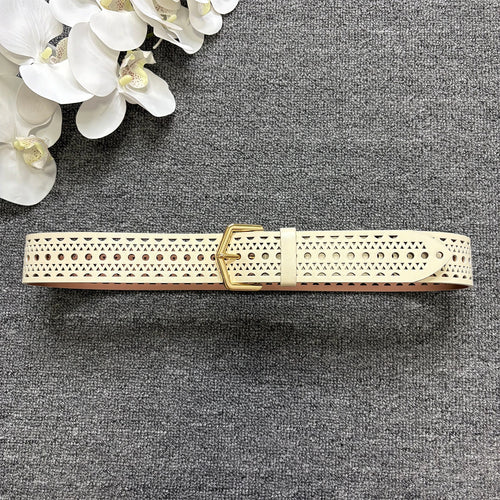 Bohemian style hollow cowhide belt, women's genuine leather, copper buckle, needle buckle texture, waist seal, wide belt