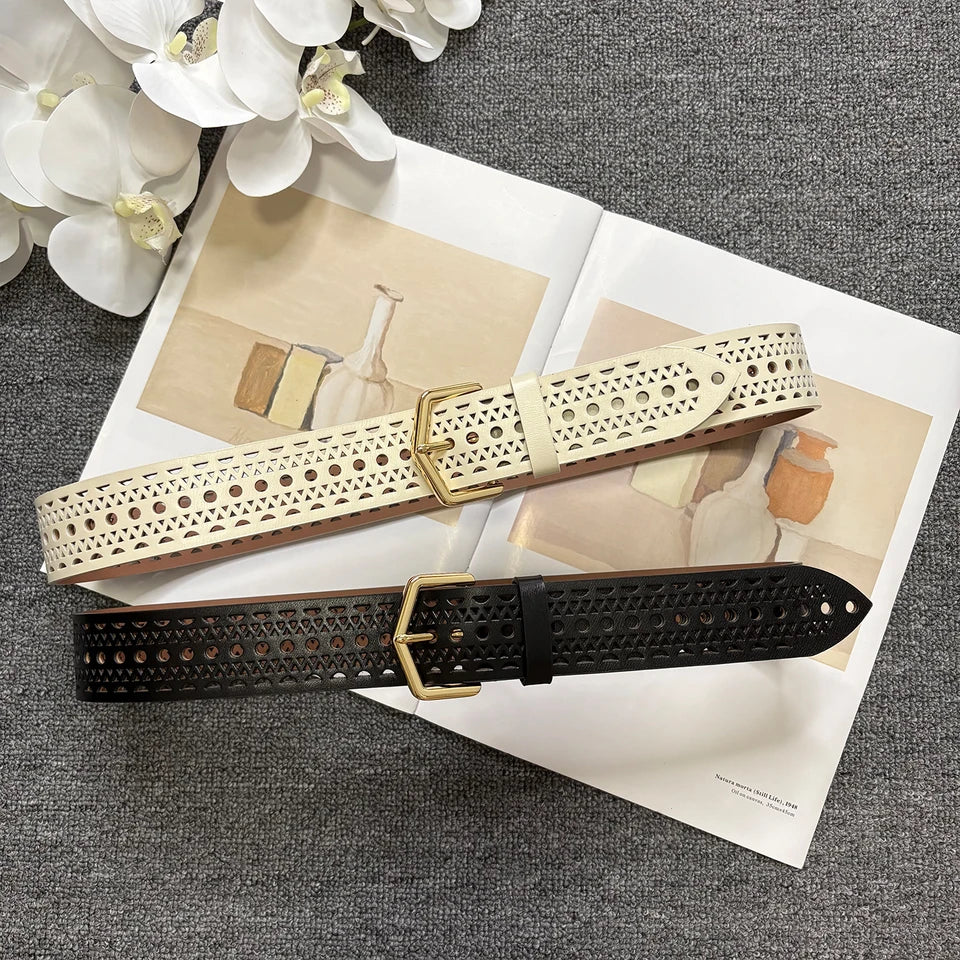 Bohemian style hollow cowhide belt, women's genuine leather, copper buckle, needle buckle texture, waist seal, wide belt