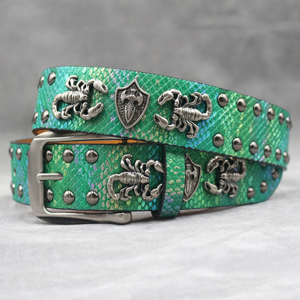 Rivet belt Scorpion pattern Western Cowboy PU Leather Belt - Men Decoration for Jeans