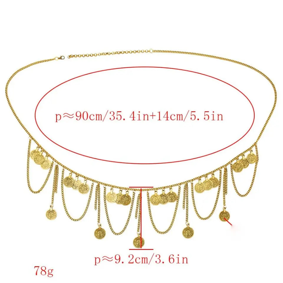 Vintage Coin Pendant Metal Body Chain Jewelry Bohemian Style Tassel Waist Chain Ethnic Style Belt Belly Dance Body Chain Summer