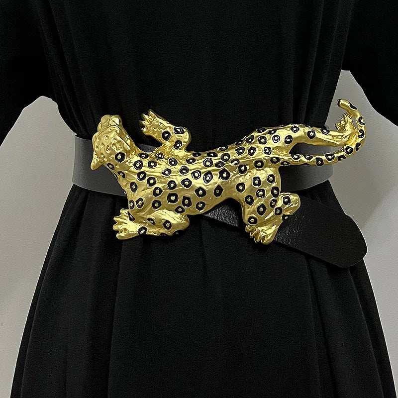 Women's Runway Fashion Genuine Leather Spoted Leopard Cummerbunds Female Dress Corsets Waistband Belts Decoration Belt