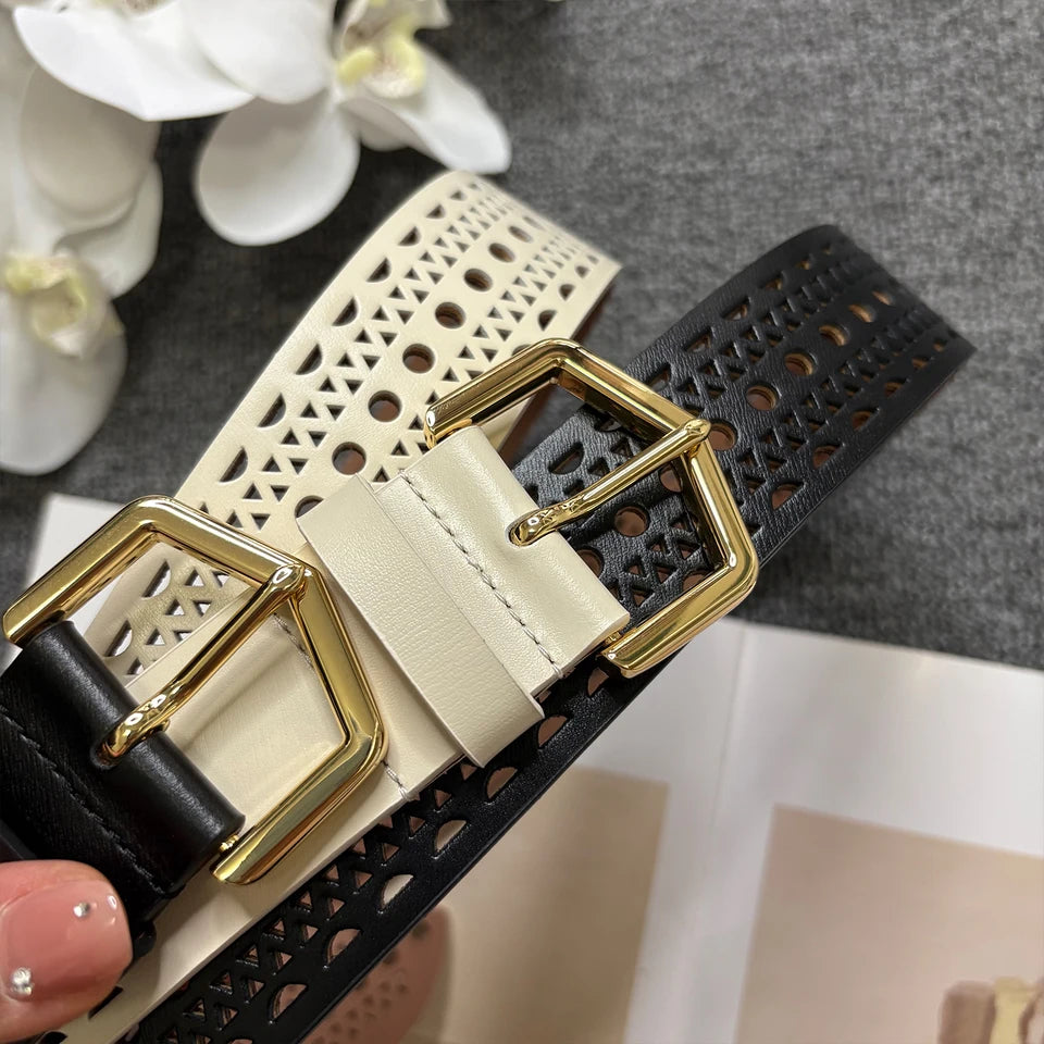 Bohemian style hollow cowhide belt, women's genuine leather, copper buckle, needle buckle texture, waist seal, wide belt