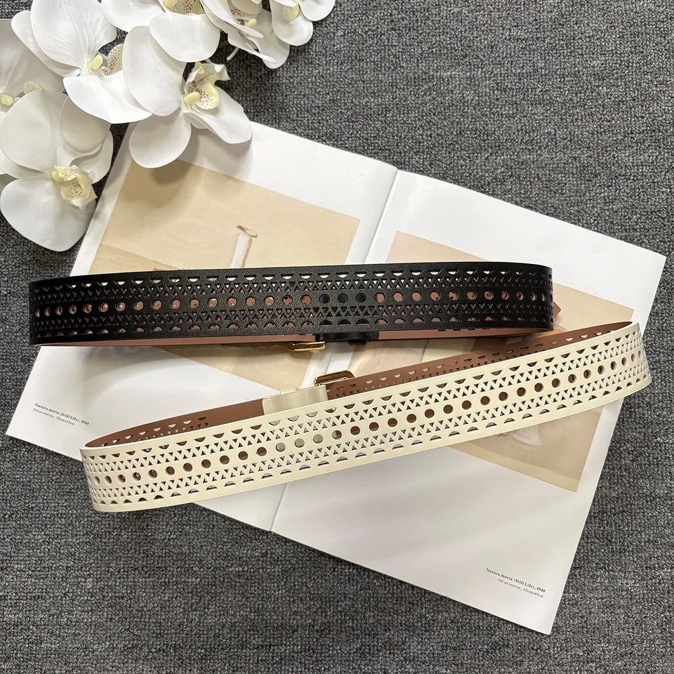 Bohemian style hollow cowhide belt, women's genuine leather, copper buckle, needle buckle texture, waist seal, wide belt