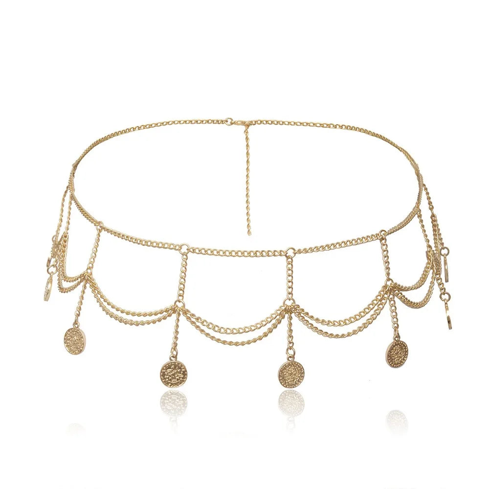 Vintage Coin Pendant Metal Body Chain Jewelry Bohemian Style Tassel Waist Chain Ethnic Style Belt Belly Dance Body Chain Summer