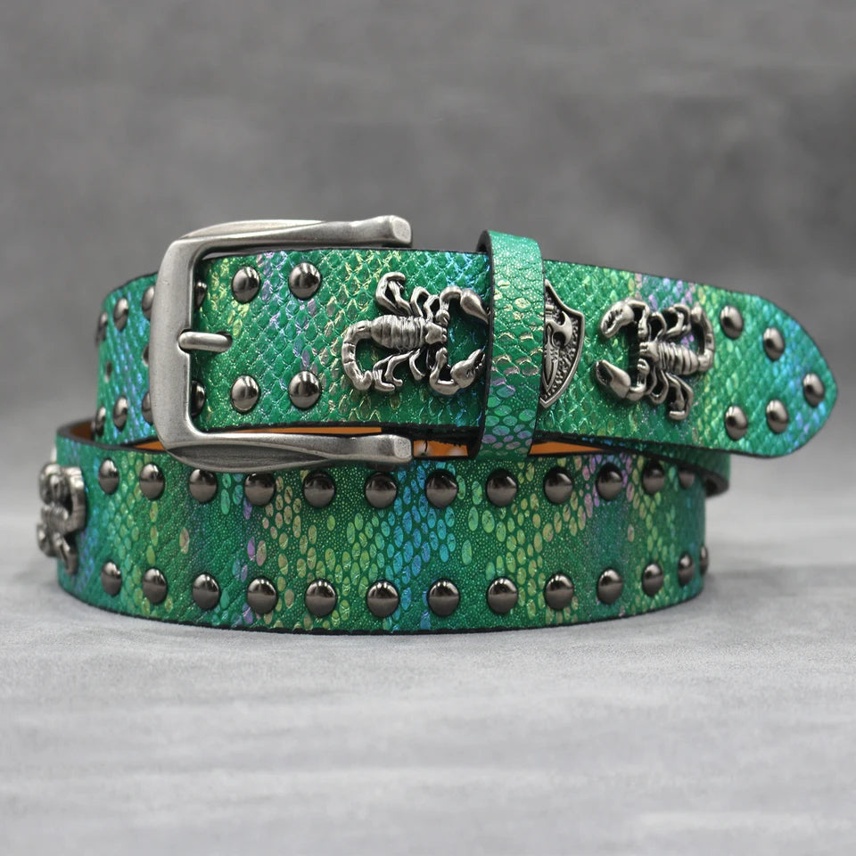 Rivet belt Scorpion pattern Western Cowboy PU Leather Belt - Men Decoration for Jeans