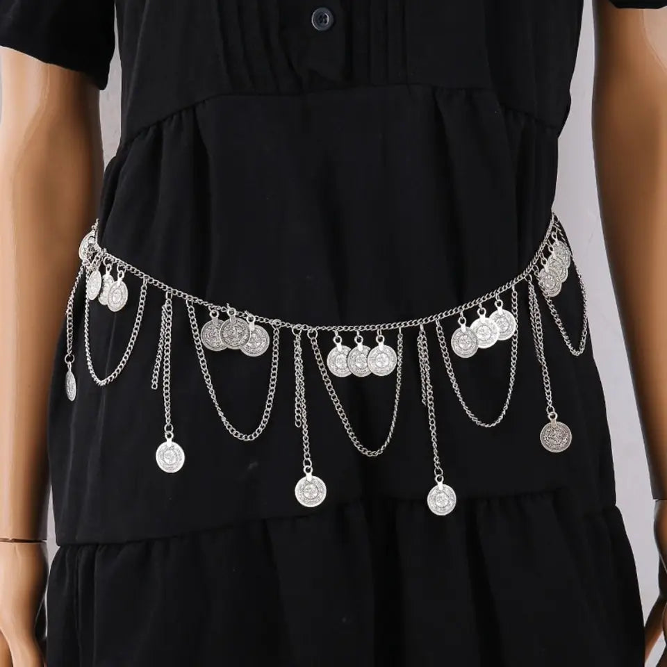 Vintage Coin Pendant Metal Body Chain Jewelry Bohemian Style Tassel Waist Chain Ethnic Style Belt Belly Dance Body Chain Summer