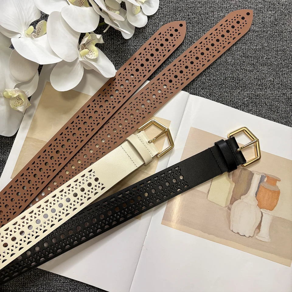 Bohemian style hollow cowhide belt, women's genuine leather, copper buckle, needle buckle texture, waist seal, wide belt