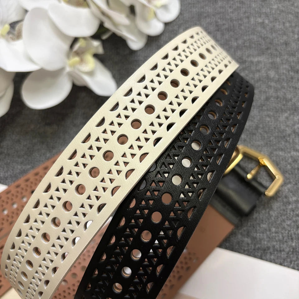 Bohemian style hollow cowhide belt, women's genuine leather, copper buckle, needle buckle texture, waist seal, wide belt