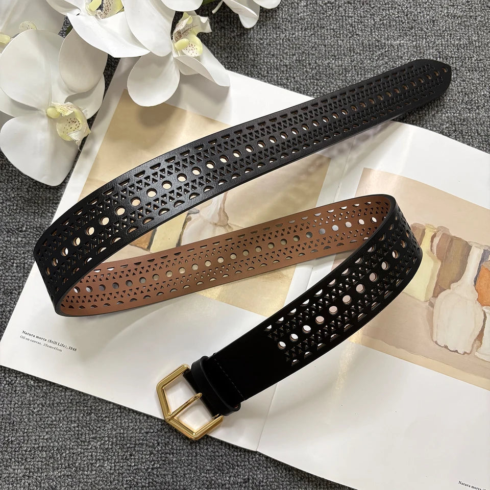 Bohemian style hollow cowhide belt, women's genuine leather, copper buckle, needle buckle texture, waist seal, wide belt