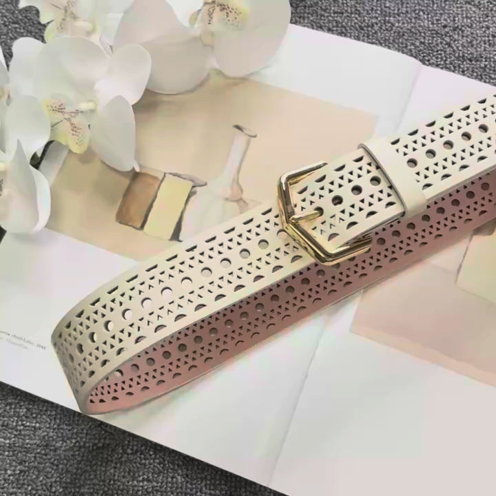 Bohemian style hollow cowhide belt, women's genuine leather, copper buckle, needle buckle texture, waist seal, wide belt